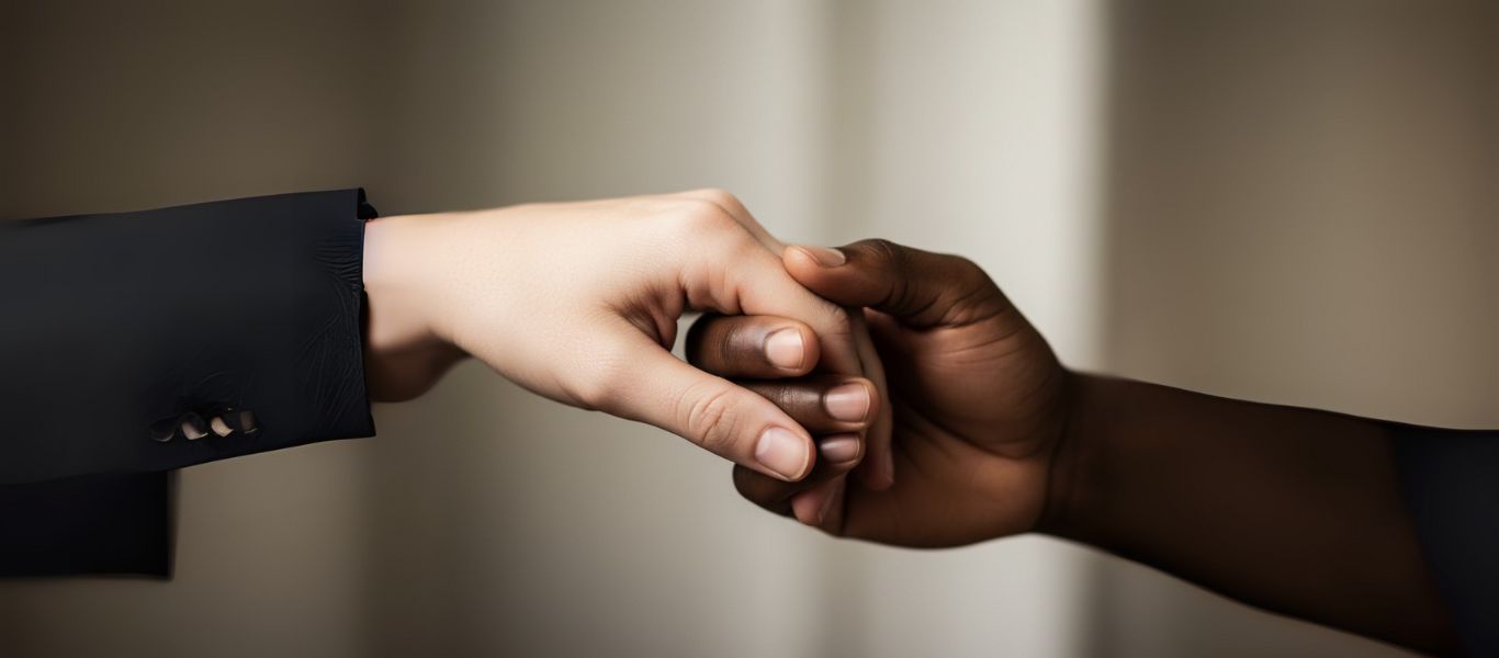 A close-up artistic shot of two hands, one with a slightly lighter skin tone and one with a slightly darker skin tone, with fingers gently interlaced, symbolizing unity and the beauty of diverse complexions in Pakistan.