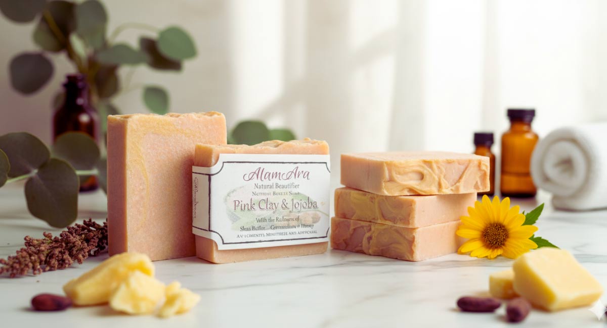 Promotional graphic for Alam Ara's organic pink clay Soap showing a person's hands washing with soap and a '20% OFF' discount coupon code for a limited time.