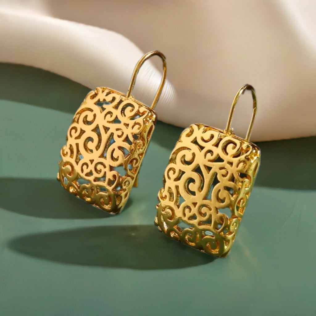 Alam Ara exquisite 14K gold plated hollow filigree drop earrings, front view