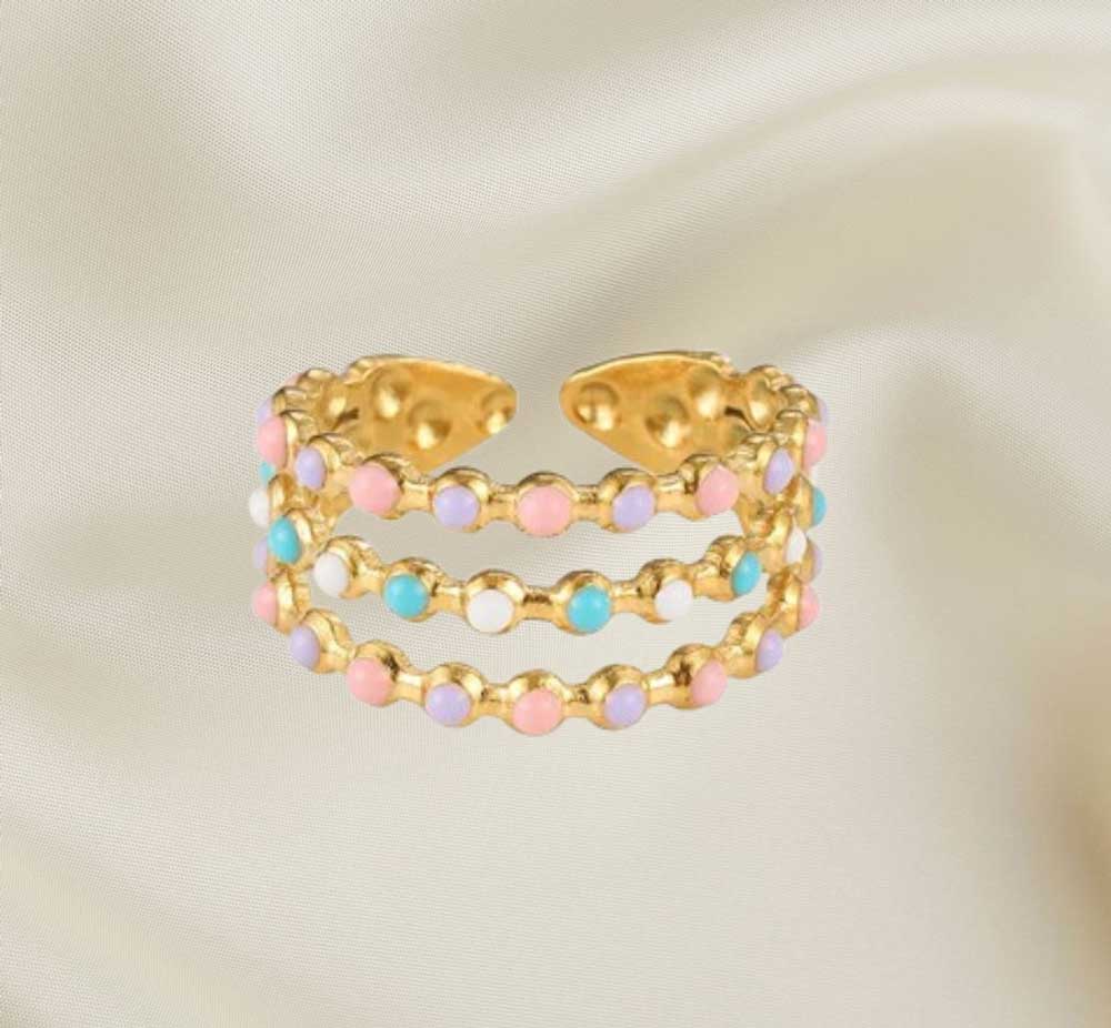 Alam Ara exquisite 18K gold plated stainless steel Bohemian ring, front view
