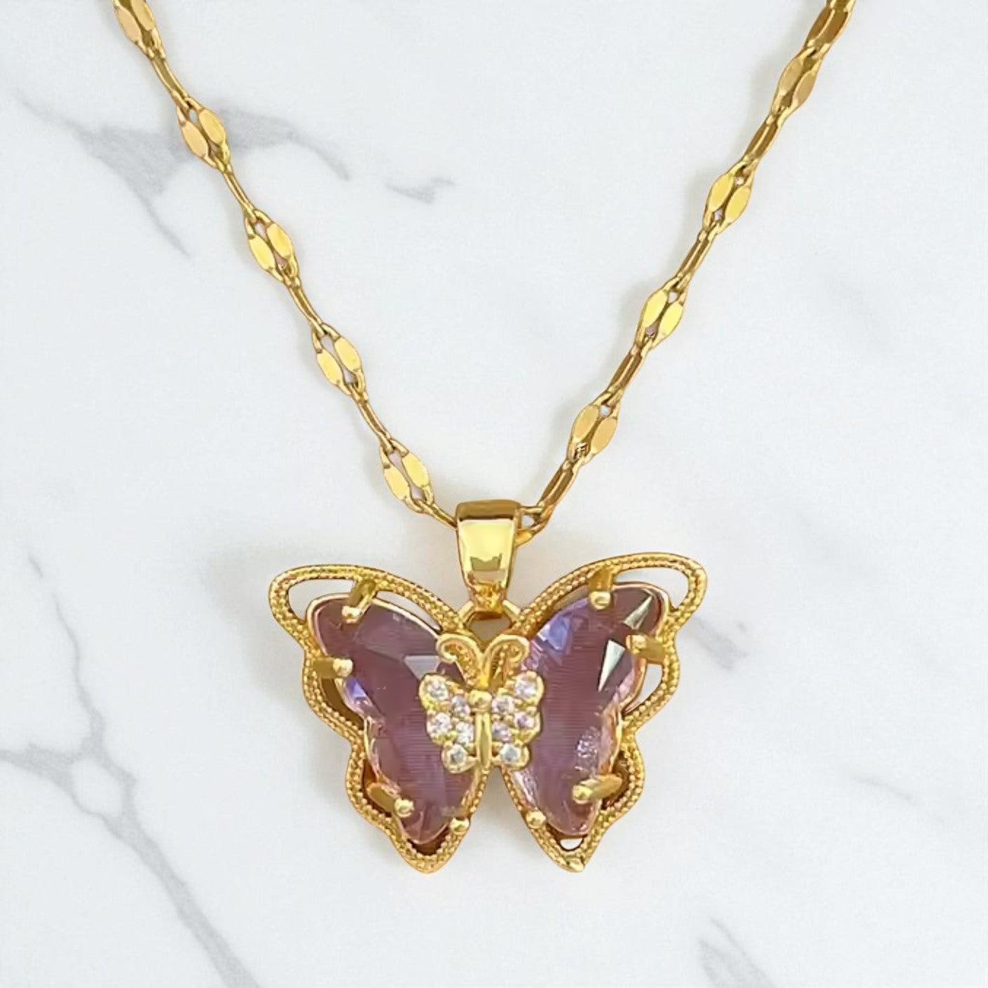 Alam Ara exquisite 18K gold plated butterfly lip chain necklace, front view