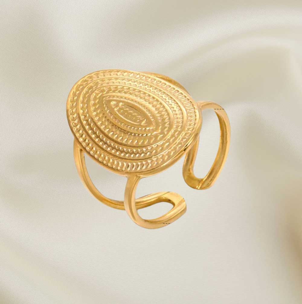 Alam Ara exquisite classic geometric leaf plating open ring, front view