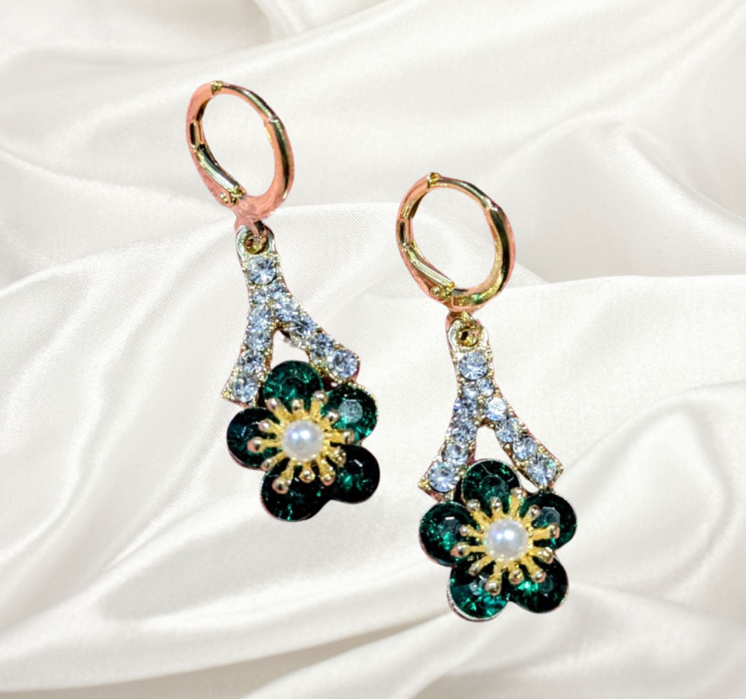 Alam Ara exquisite dangle green white zircon earrings, front view