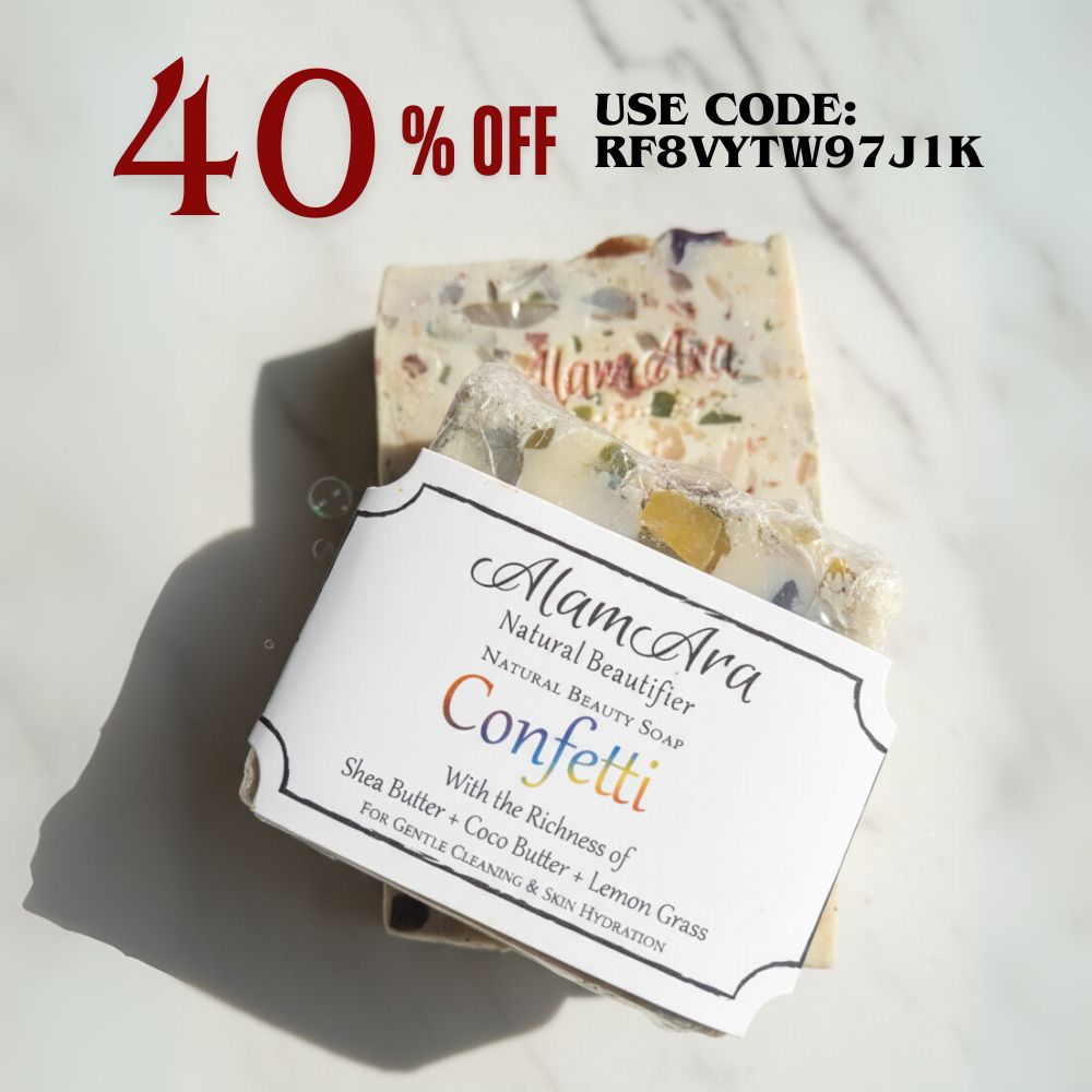 Product image Promotional graphic for Alam Ara's handmade Confetti Soap showing '40% OFF' discount coupon code for a limited time.