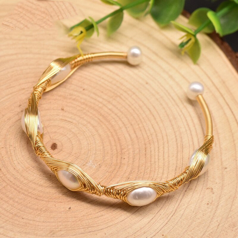 Alam Ara exquisite handwired Baroque freshwater pearl open bangle cuff bracelet, front view