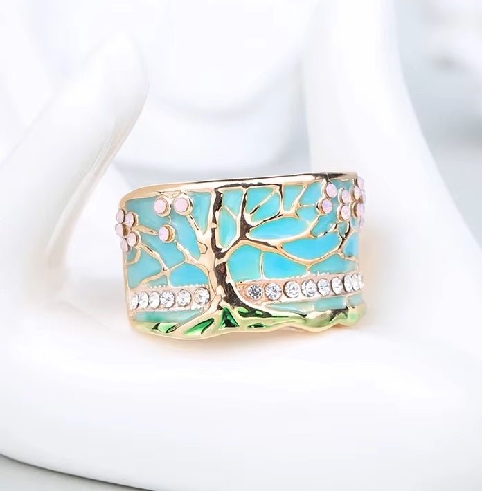 Alam Ara exquisite Lucky Flower Tree gold pink opal green enamel wide ring, front view