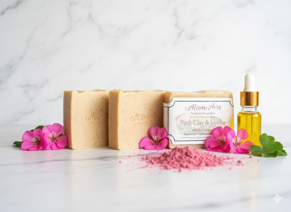  a bar of Alam Ara natural handmade soap in a clean, elegant setting.