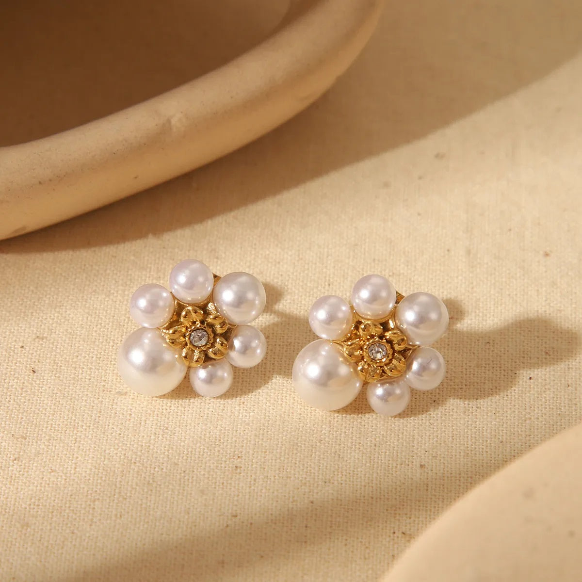 Alam Ara exquisite pearl and zircon stud earrings, front view