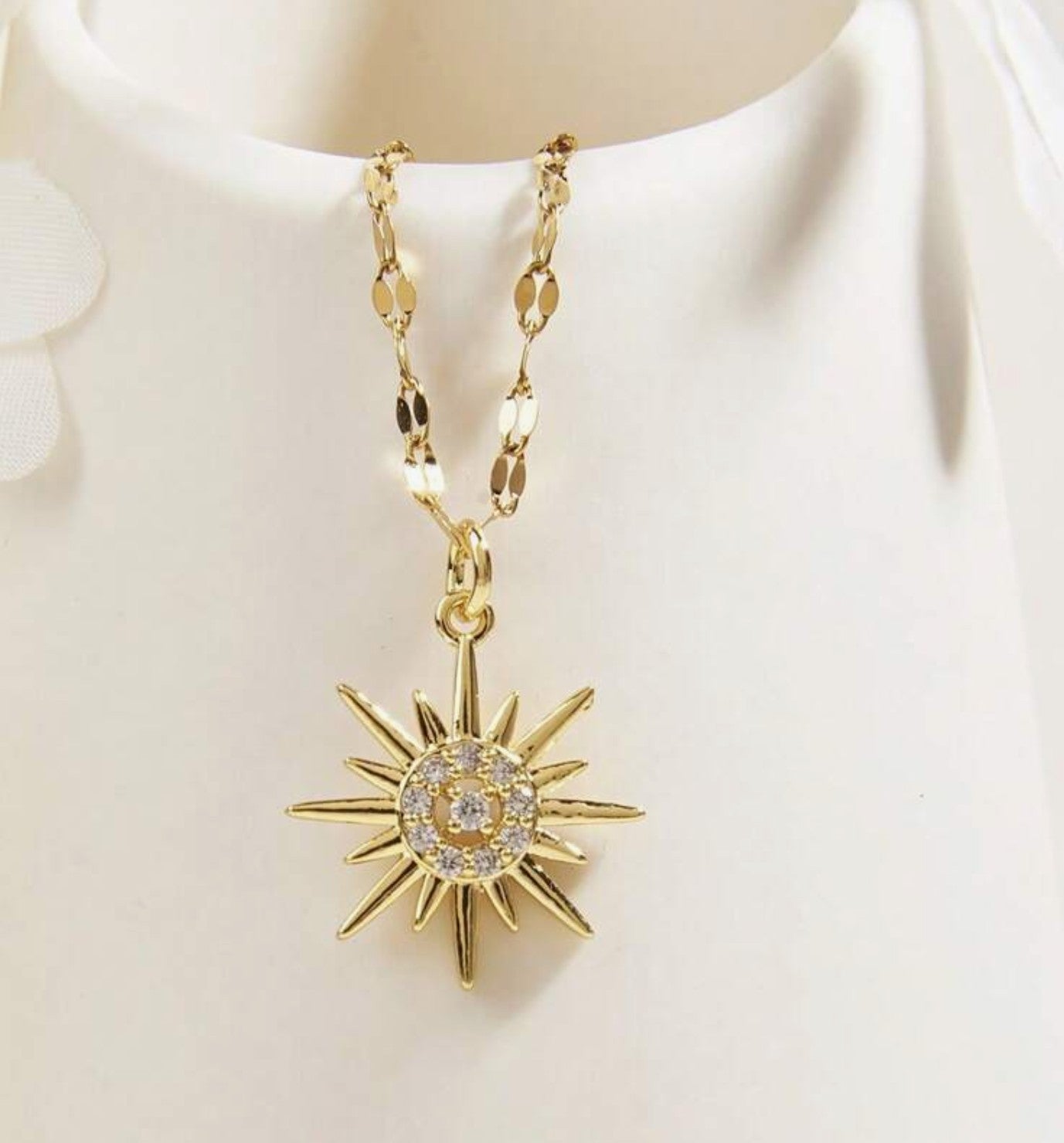 Alam Ara exquisite rhinestone decor sun charm necklace, front view