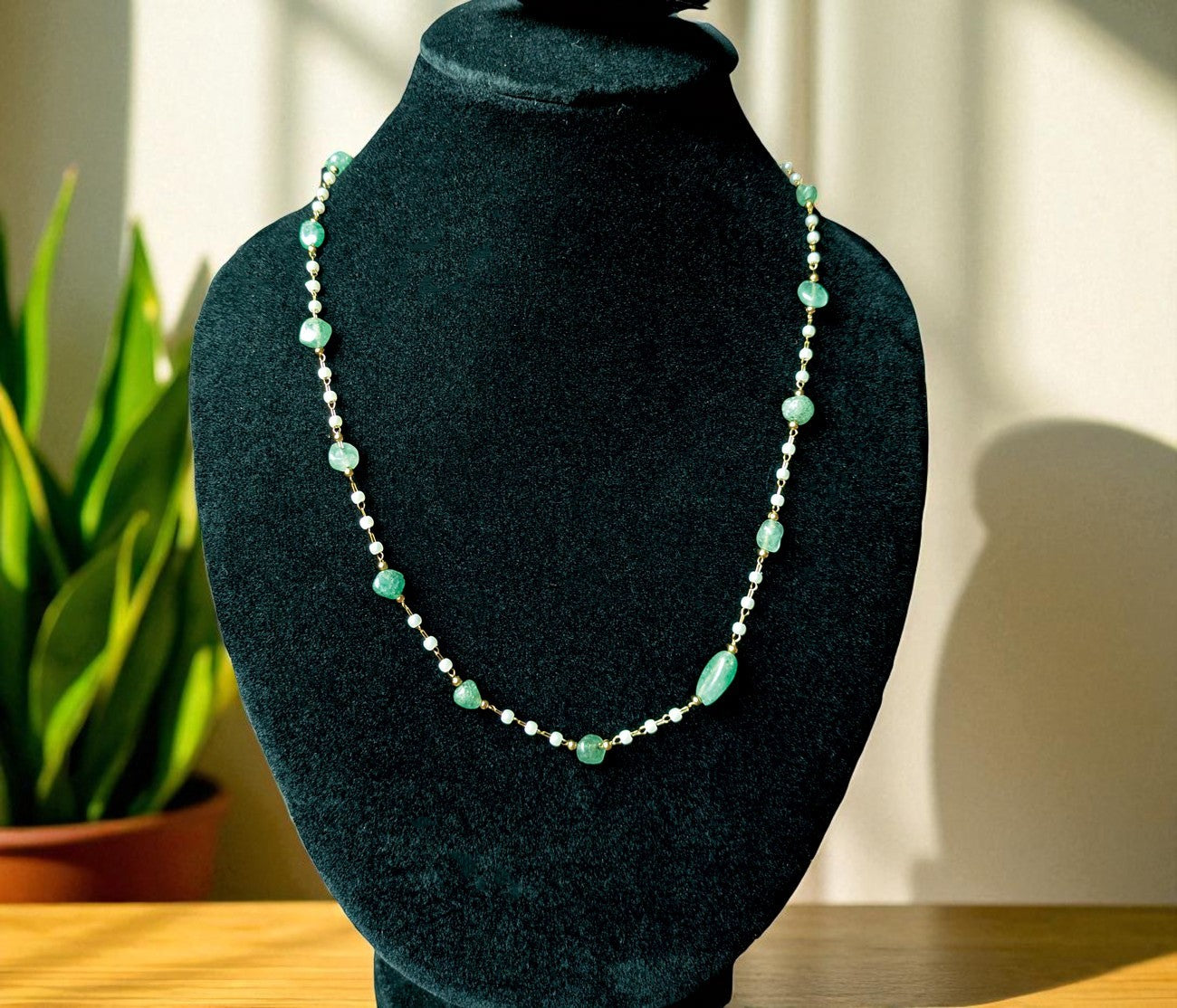 Alam Ara exquisite stainless steel green jade beads chain necklace, front view