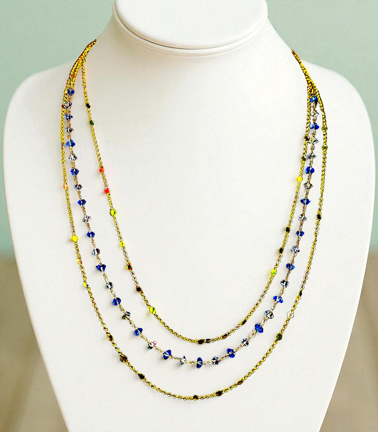 Alam Ara exquisite three layer golden sequins and crystal chain necklace, front view