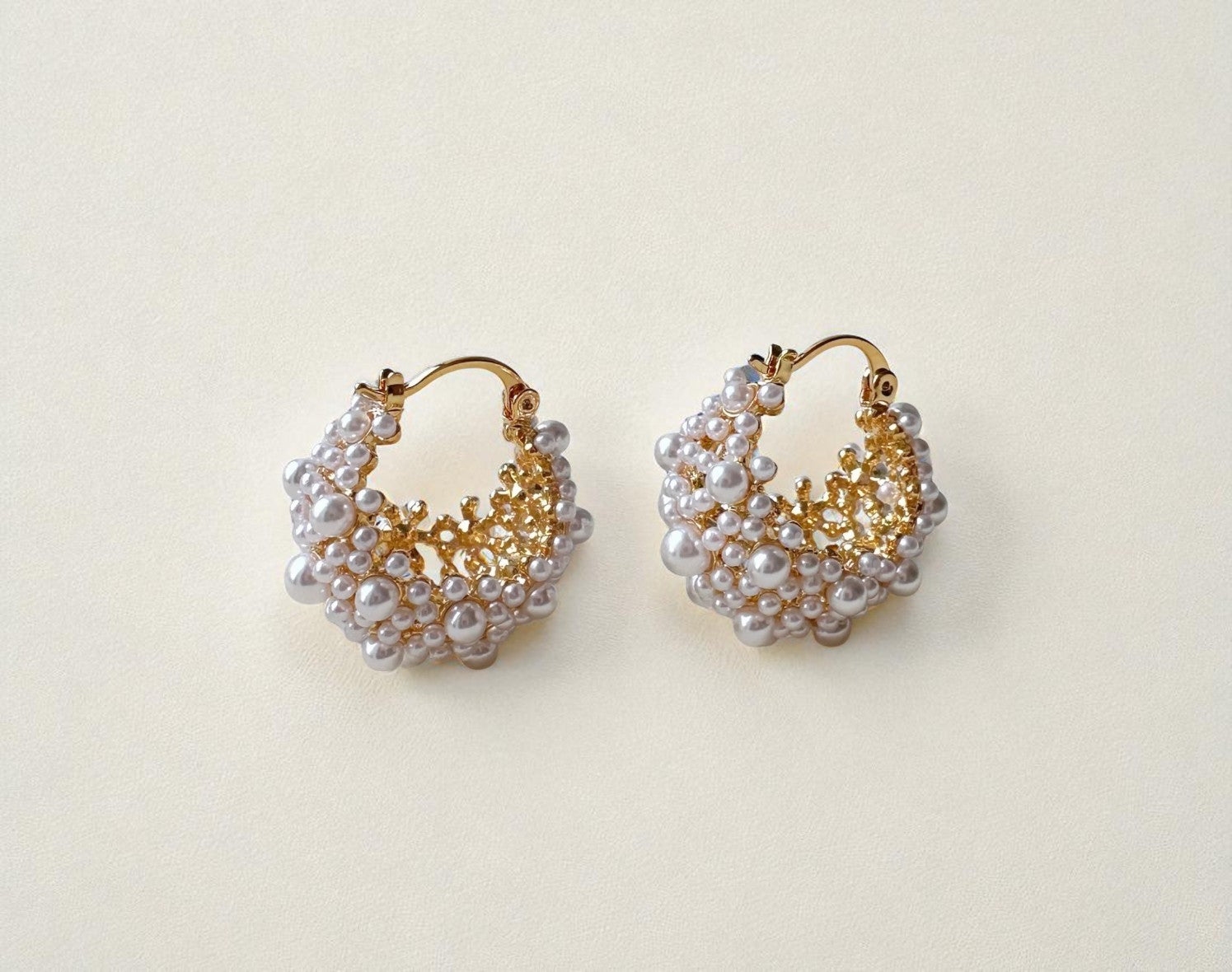 Alam Ara Timeless Pearl Earrings, 14K gold plated French design, front view