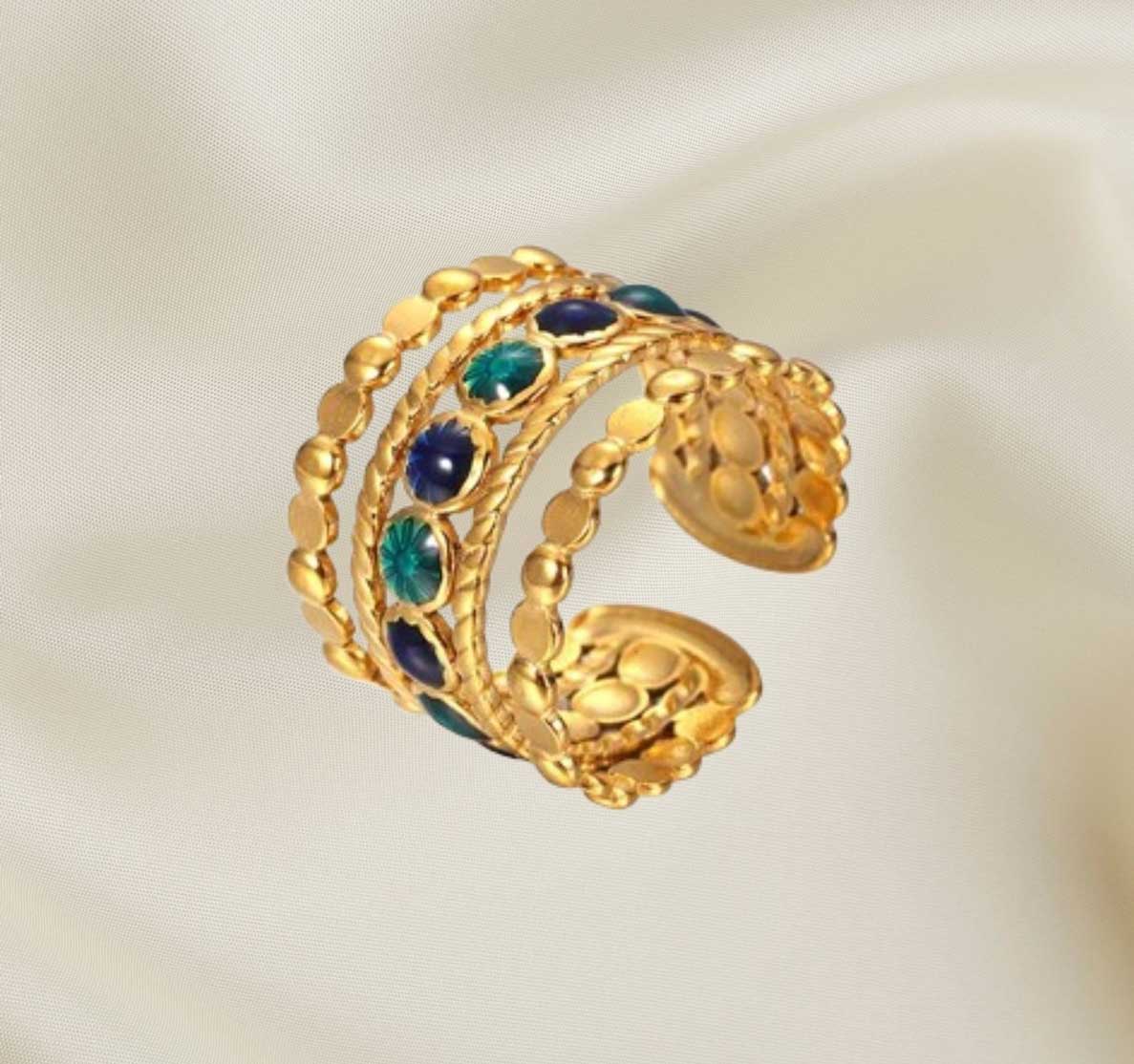 Alam Ara exquisite vintage-style golden wide band ring with green and blue faux gemstones, front view