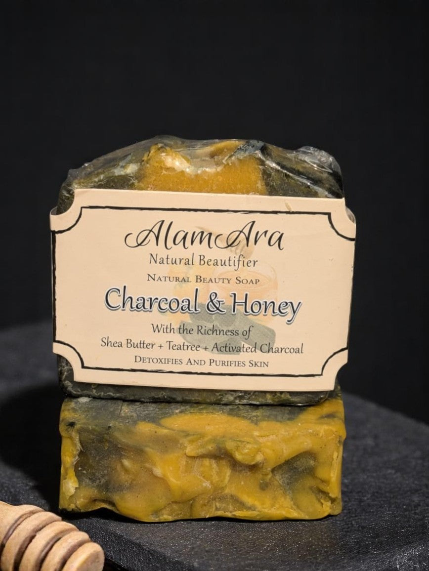Alamara charcoal and honey soap with activated charcoal, rosemary, and tea tree for clear skin.
