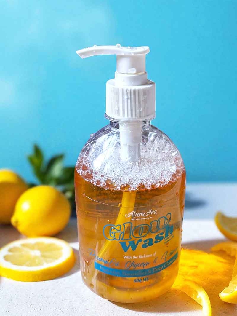 A clear shot of beautiful, fine lather bubbles inside a bottle of Alam Ara's Glow Wash, symbolizing its gentle and effective formula.
