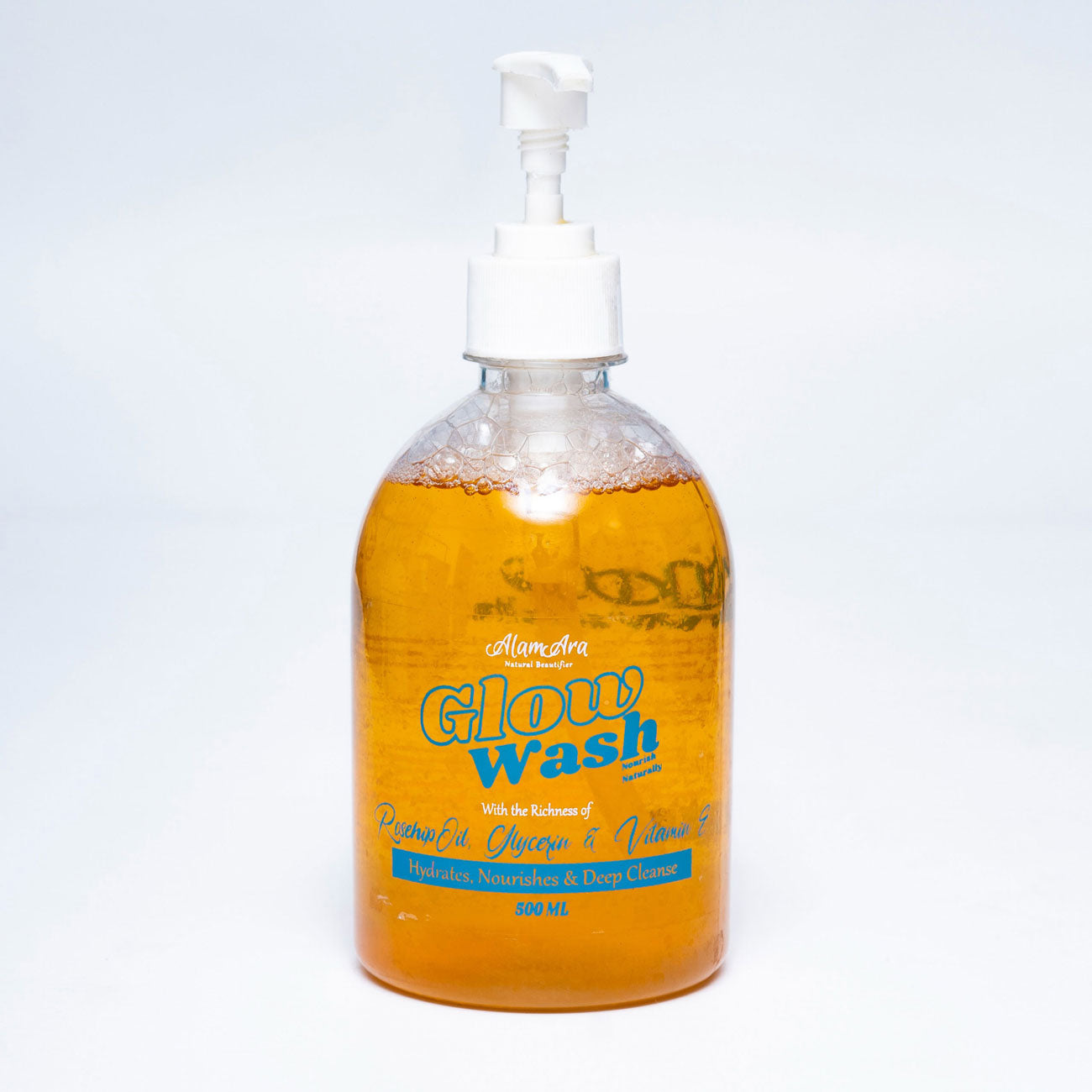 Close-up of Alam Ara Glow Wash handwash bottle with aloe vera and vitamin E, for deep skin hydration