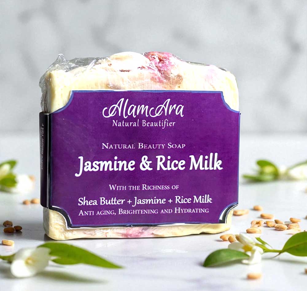 Close-up of Alamara skin whitening soap with rice milk and jasmine, promoting radiant skin