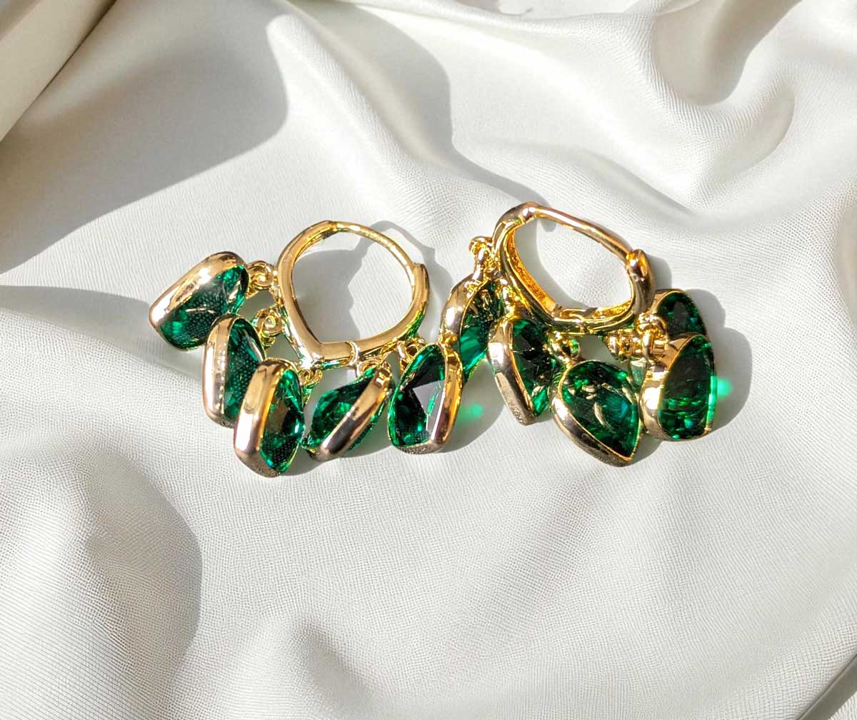 Alam Ara exquisite golden green crystal hoop earrings, front view