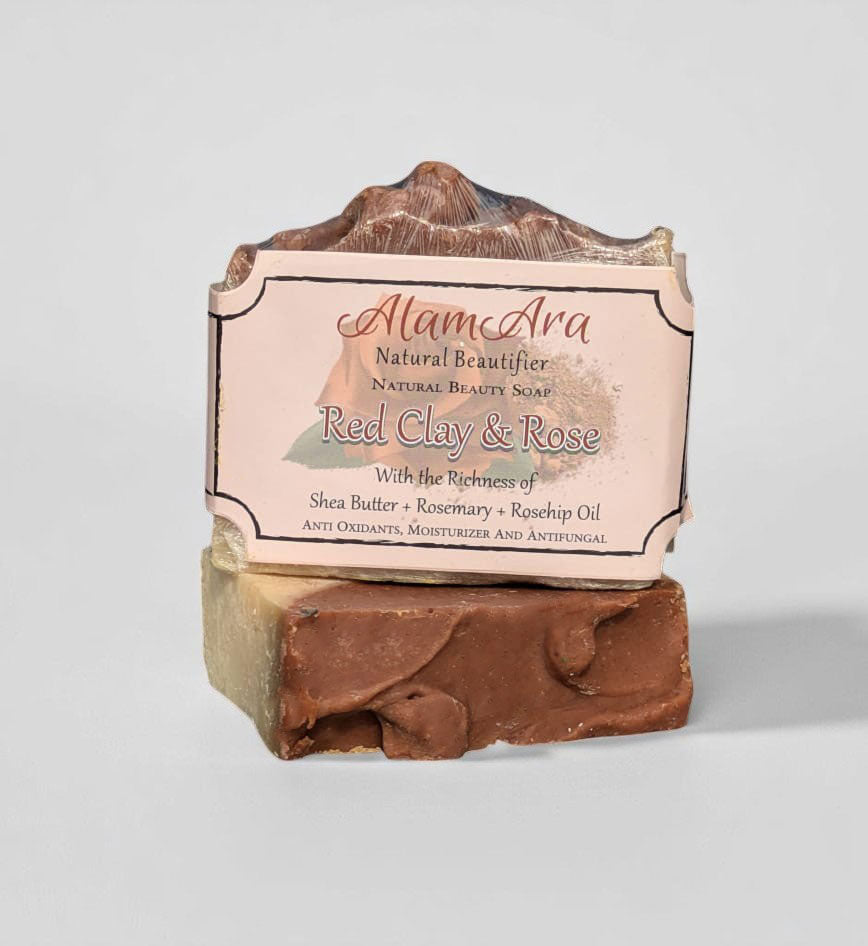 Alamara red clay and rose soap infused with rose water and milk, for soft, hydrated skin.