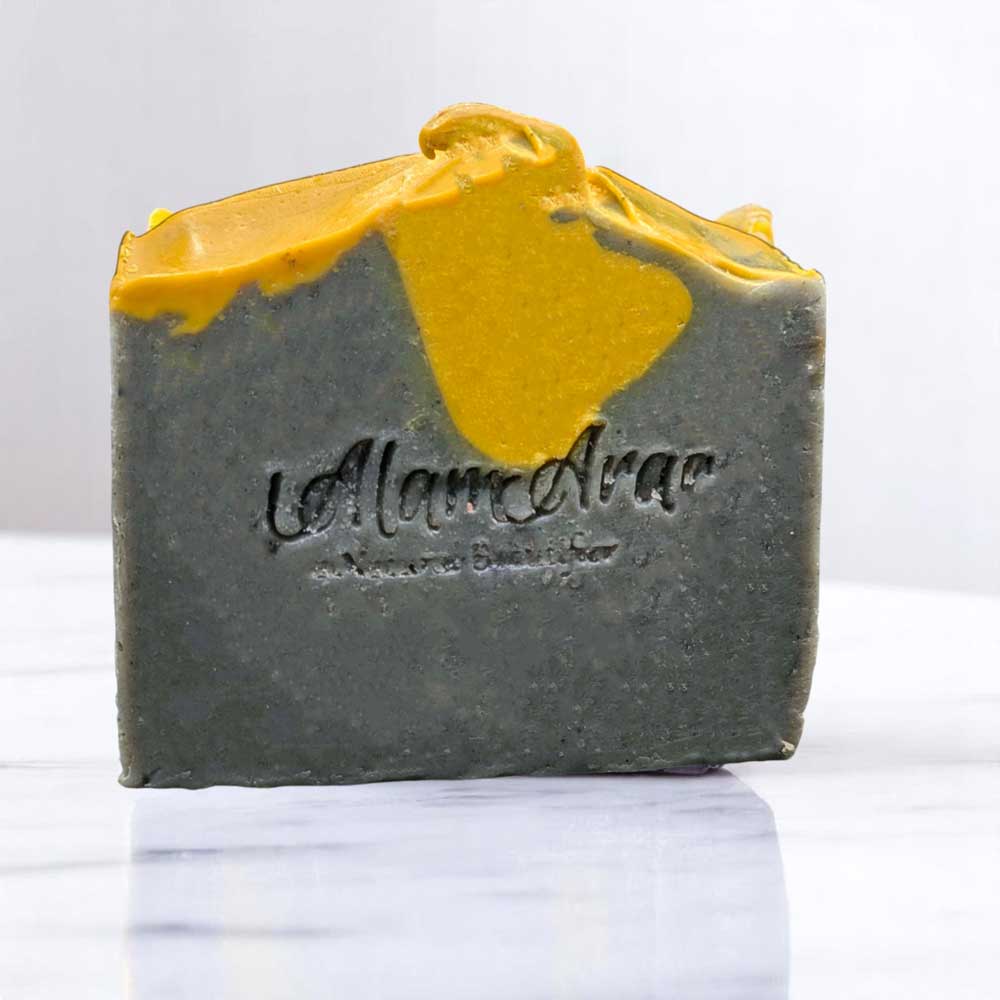 Alam Ara organic charcoal and honey soap bar with tea tree oil, for deep cleansing oily and acne-prone skin.