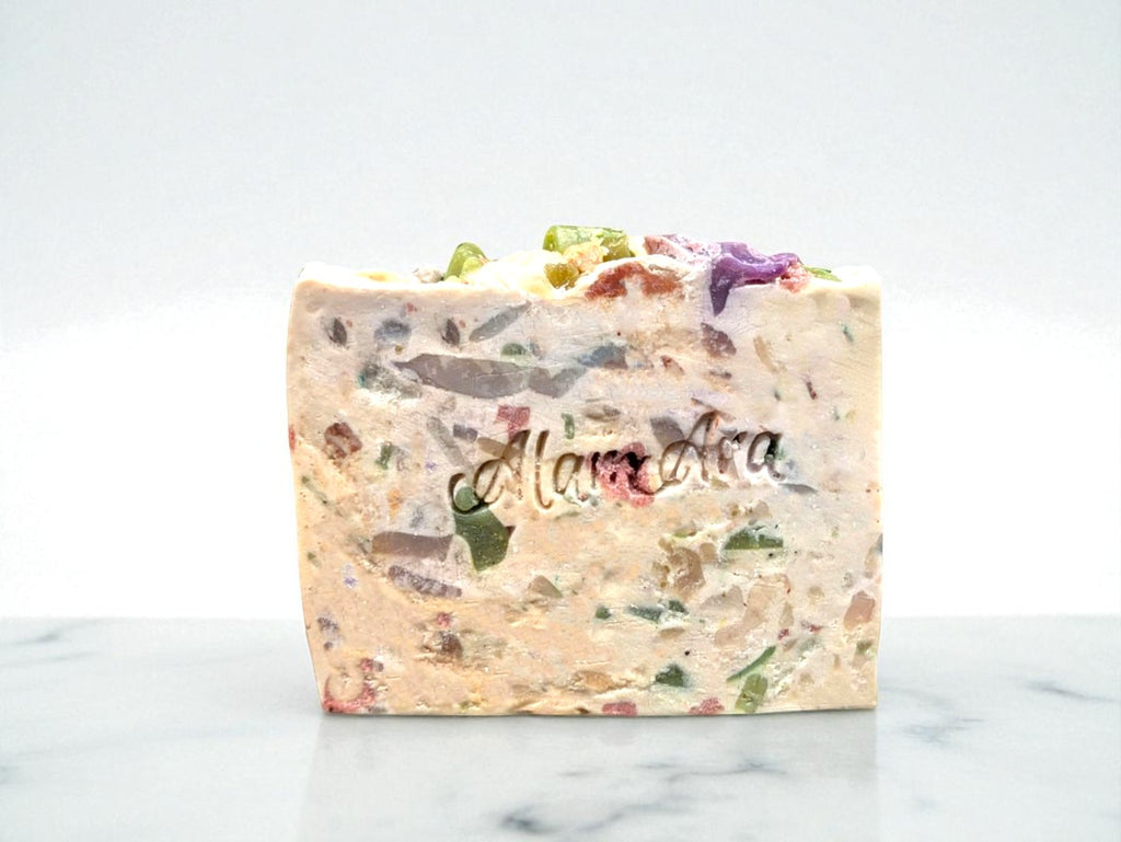Alam Ara organic confetti soap bar with colorful speckles, featuring aloe vera and lemongrass oil for gentle cleansing.