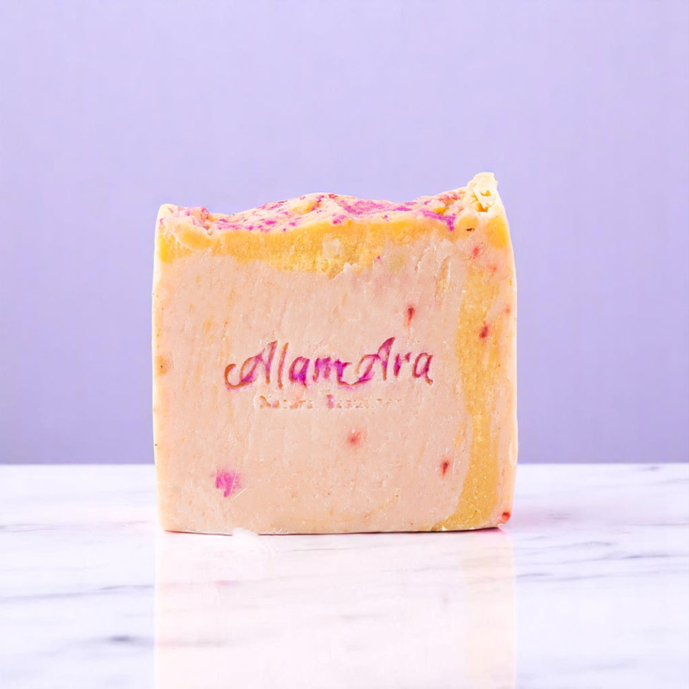 Alam Ara organic pink clay and jojoba soap bar for gentle hydration and radiant, smooth skin.