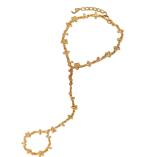 Side view of Bohemian golden petal hand chain bracelet, crafted from copper alloy