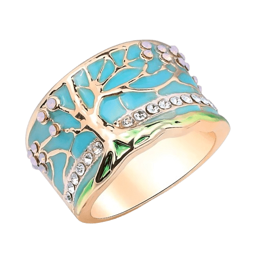 Side view of exquisite Lucky Flower Tree gold wide ring, showing enamel and crystal craftsmanship