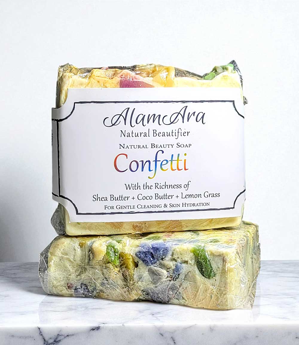 Handcrafted Alamara confetti soap with soothing lavender and lavender essential oils.