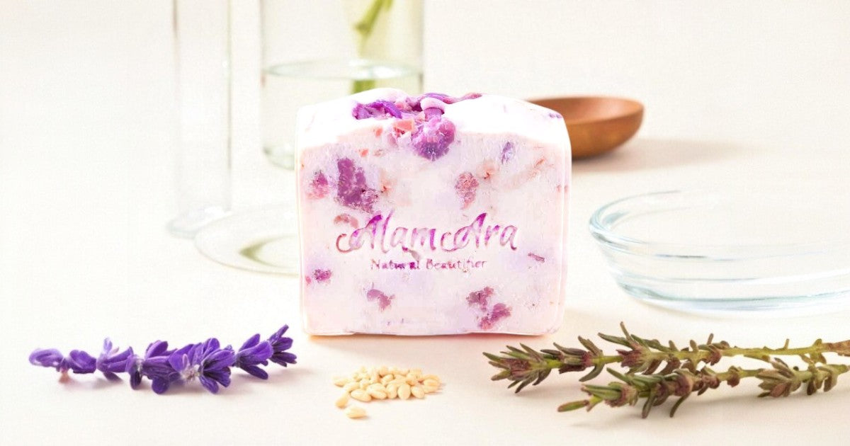 Banner showcasing the Alam Ara Rice Milk and Jasmine handmade soap, a natural skincare product for a glowing complexion in Pakistan