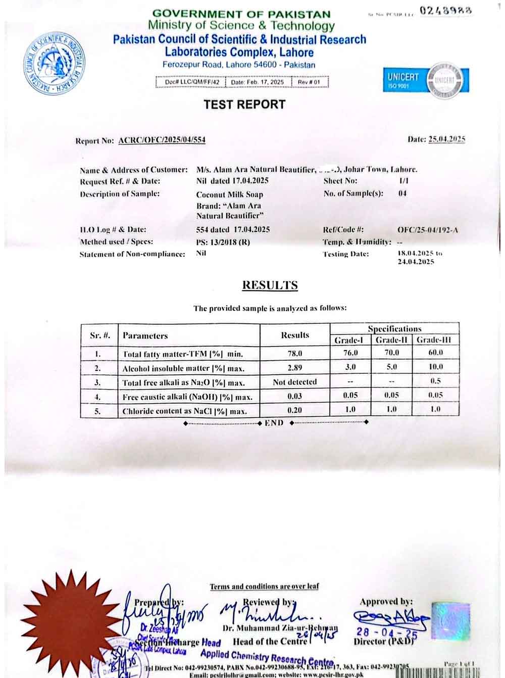 Alam Ara official Grade 1 soap certification report from PCSIR.
