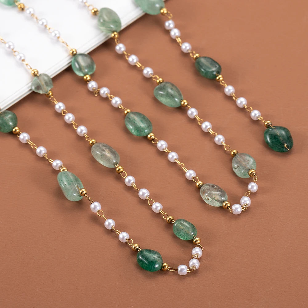 Side view of durable stainless steel green jade beads chain necklace, showing strong chain