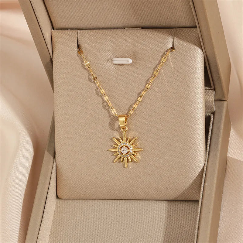 Back view of durable stainless steel rhinestone sun charm necklace