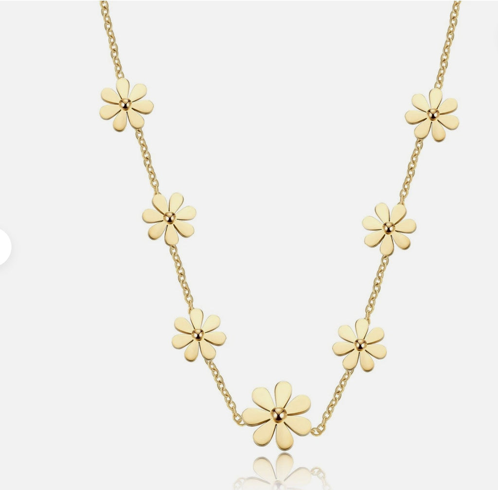 Close up of intricate sunflower and daisy floral design on gold plated pendant necklace