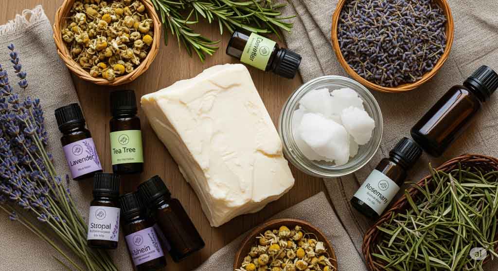 Collage of natural ingredients like herbs and oils