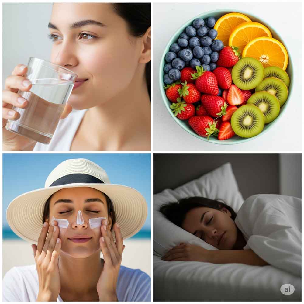 A collage of healthy skincare habits: drinking water, eating fruits, applying sunscreen, and sleeping.