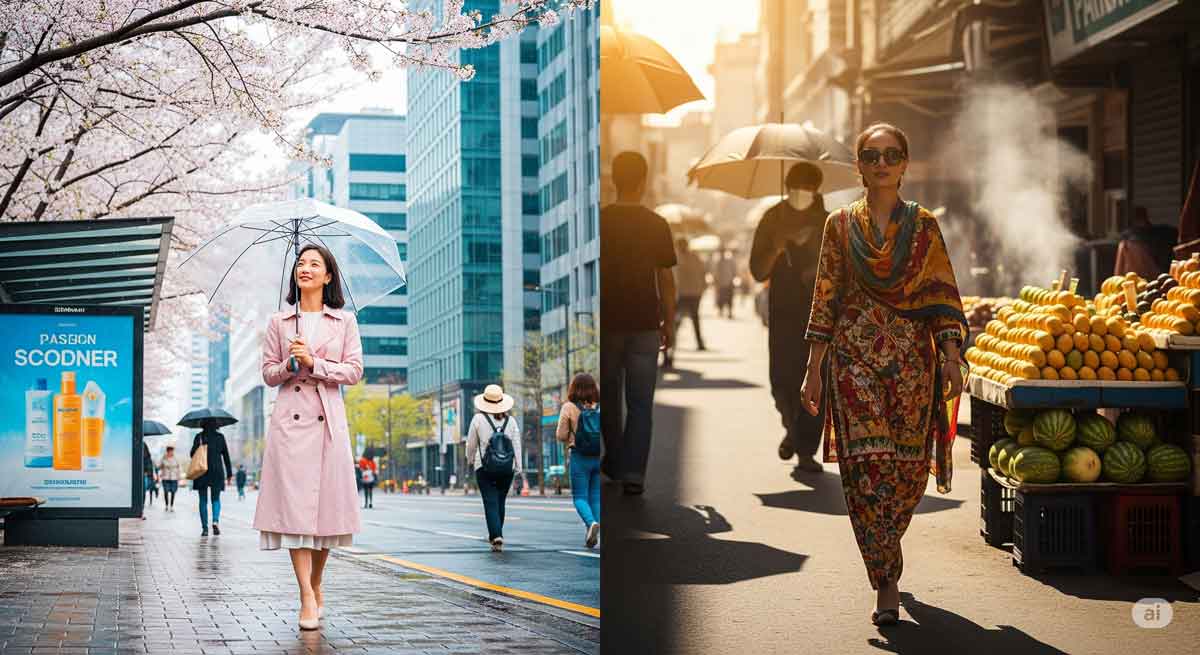 Infographic showing the impact of urban pollution and rural sun exposure on skin.