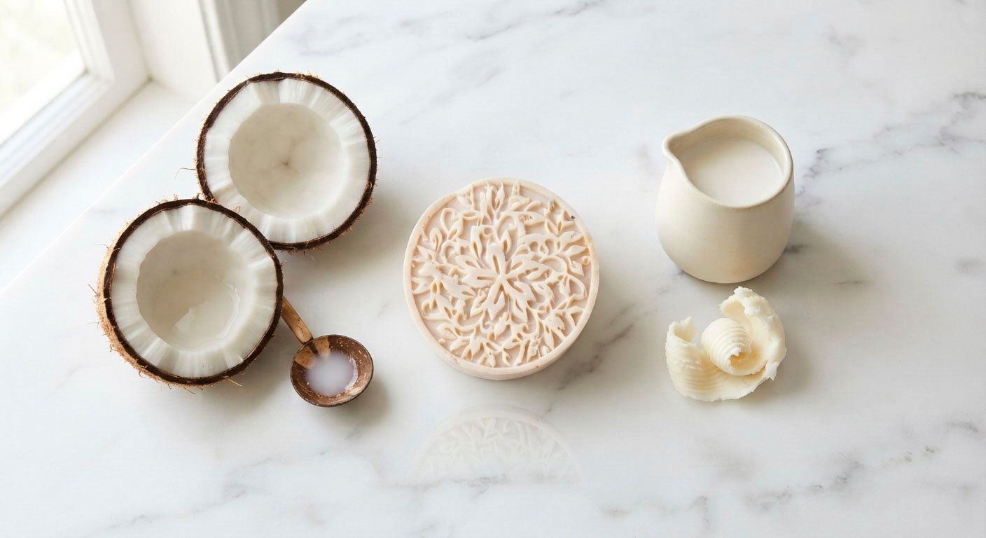 Freshly cracked coconut with coconut milk, key ingredient in coconut milk soap