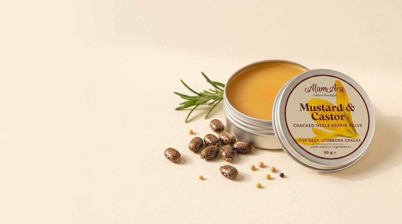 Alam Ara Mustard & Castor Cracked Heel Repair Salve with mustard seeds, castor beans, and rosemary